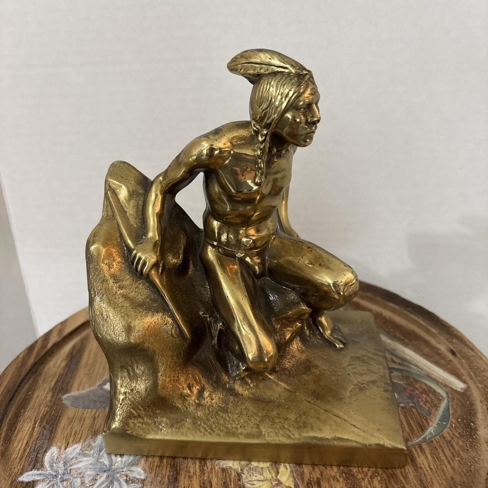 Heavy VTG 1900s Solid Brass Native American Indian Scout Bookend‎ Door Stop